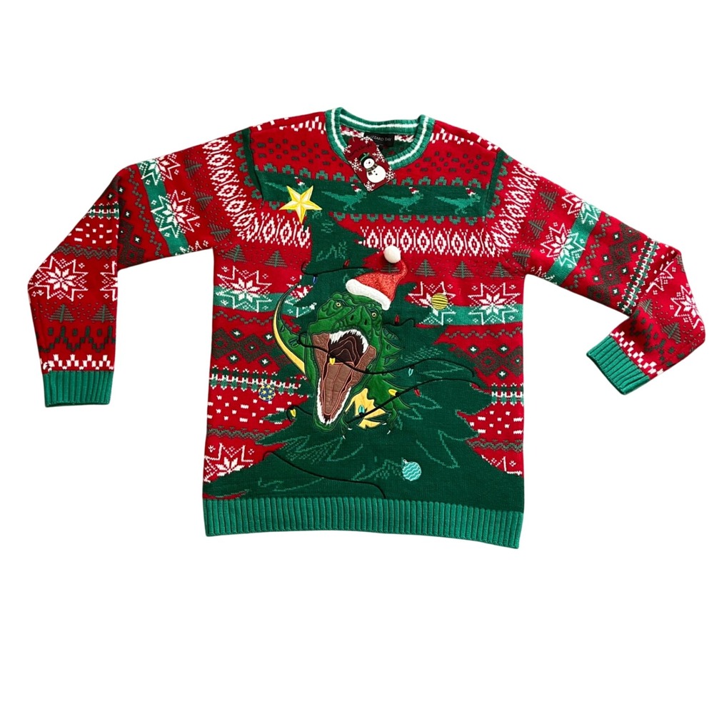 Blizzard Bay T-Rex Dinosaur Christmas Tree Ugly Sweater Red Green Womens Medium